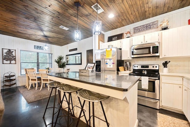 kitchen featuring concrete floors, wood ceiling, visible vents, and appliances with stainless steel finishes