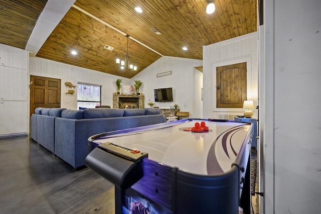 playroom featuring vaulted ceiling, recessed lighting, wood ceiling, and visible vents