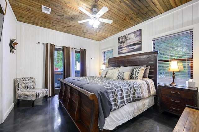 bedroom featuring wooden ceiling, finished concrete flooring, visible vents, and ceiling fan