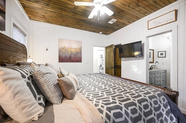 bedroom featuring visible vents, wooden ceiling, a ceiling fan, and a sink