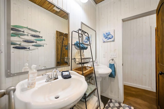 bathroom featuring wood finished floors, baseboards, and a sink