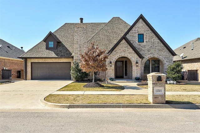 french country home featuring a garage, concrete driveway, brick siding, and roof with shingles