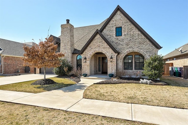 view of front of property featuring driveway, a front yard, a chimney, and brick siding