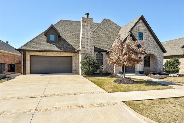 french country style house with brick siding, an attached garage, a shingled roof, a chimney, and driveway