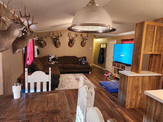 living room with a textured ceiling and dark wood-style flooring