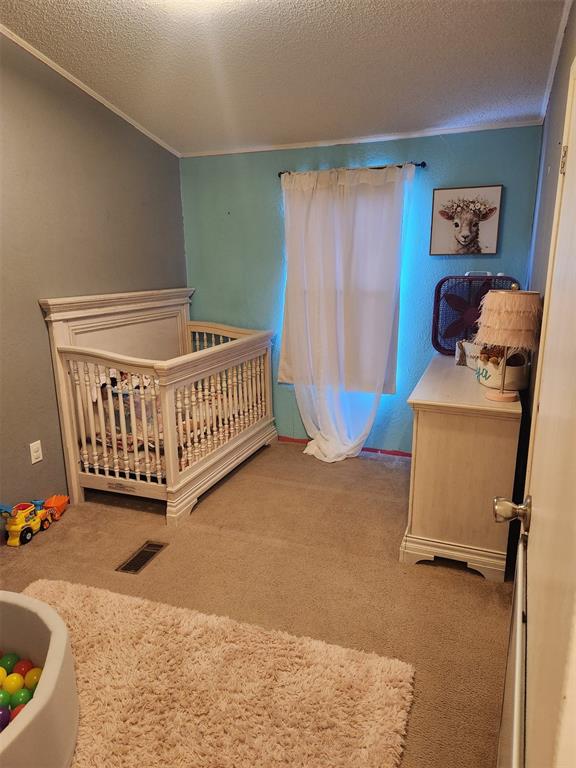 carpeted bedroom with a textured ceiling, visible vents, and crown molding