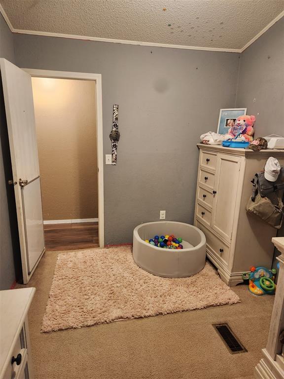 game room with a textured ceiling, ornamental molding, and visible vents