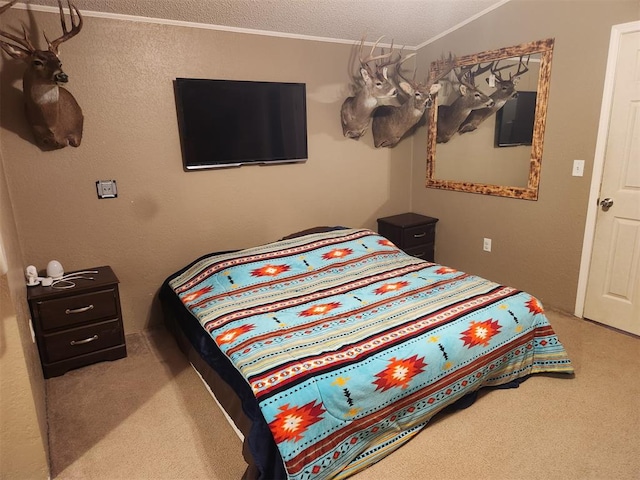 bedroom with crown molding, carpet flooring, vaulted ceiling, and a textured ceiling