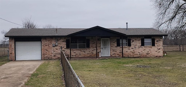 single story home featuring a garage, brick siding, fence, driveway, and a front lawn