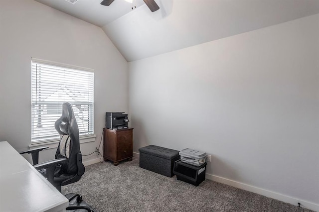 carpeted home office with baseboards, a ceiling fan, and lofted ceiling