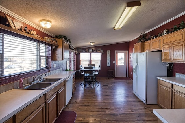 kitchen with dark wood-style flooring, crown molding, vaulted ceiling, a sink, and white appliances