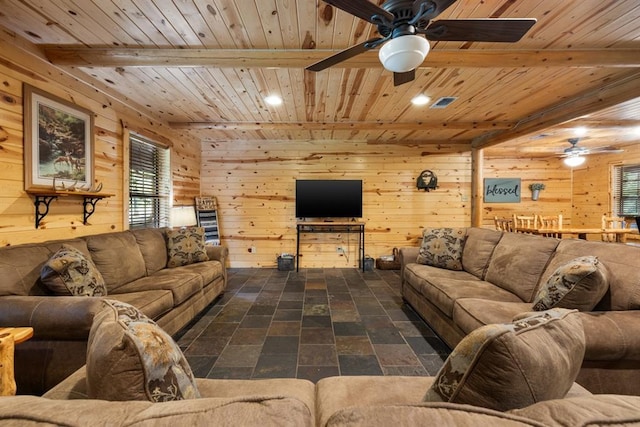 living room with wooden ceiling, beamed ceiling, and wood walls