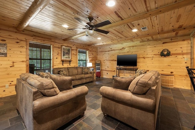 living room featuring visible vents, wooden walls, wood ceiling, and stone tile floors