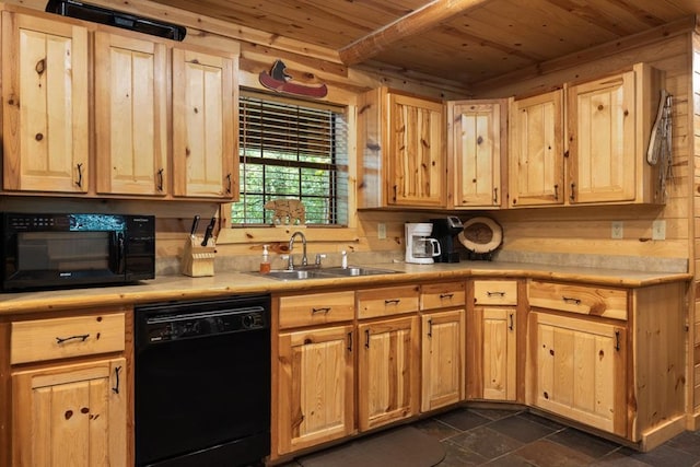 kitchen with light brown cabinets, black appliances, a sink, and wood ceiling