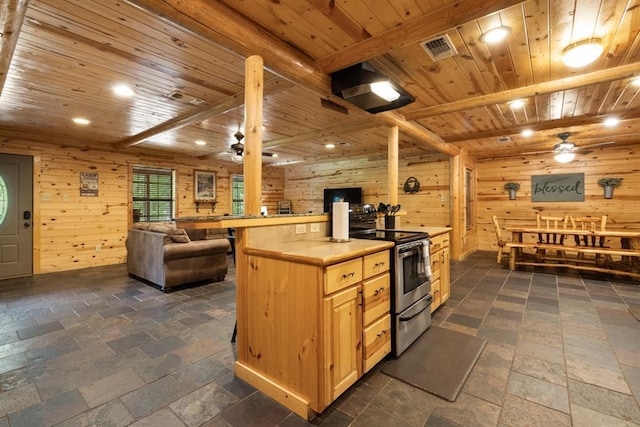 kitchen featuring open floor plan, stone tile floors, wood ceiling, and stainless steel electric stove