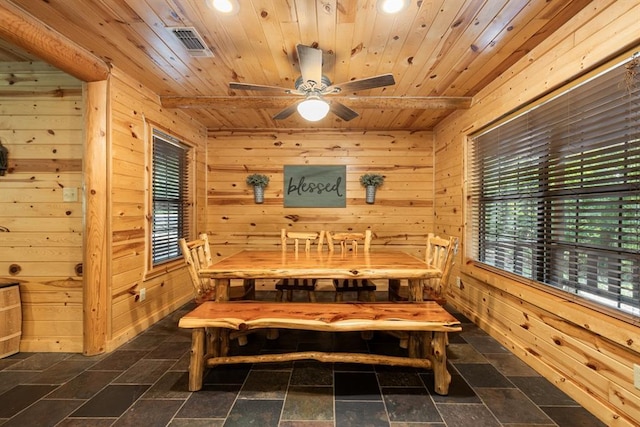 dining room with wooden ceiling, ceiling fan, wooden walls, and visible vents