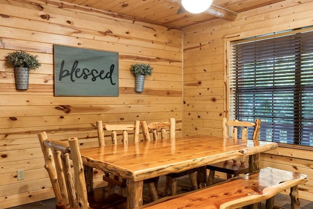 dining room featuring wood walls and wood ceiling