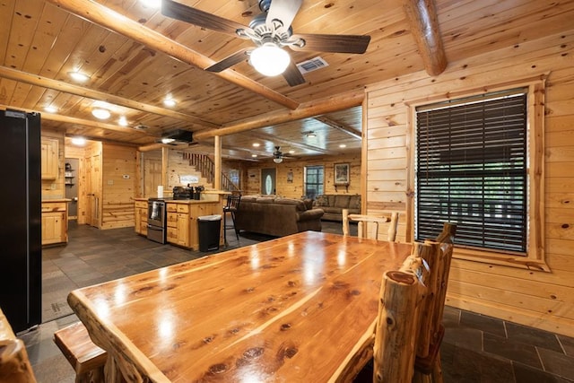 dining area featuring wood walls, wood ceiling, visible vents, and a ceiling fan