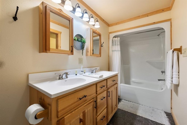 full bath with a sink, double vanity, tile patterned flooring, and shower / bath combination with curtain