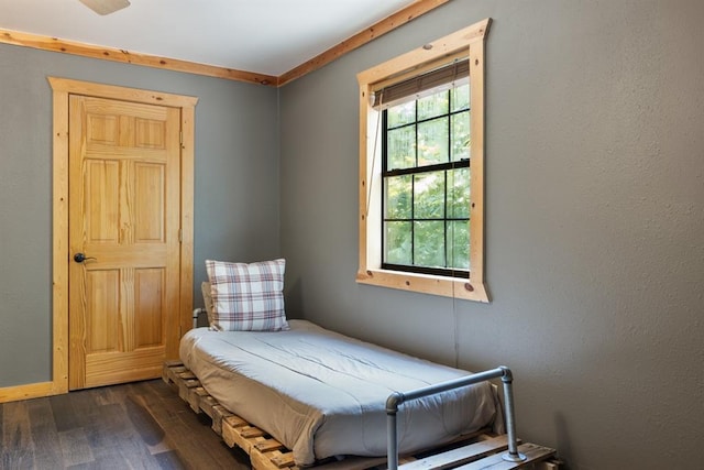 bedroom with multiple windows, baseboards, and dark wood finished floors