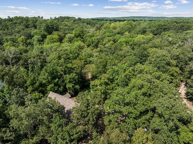 drone / aerial view featuring a forest view