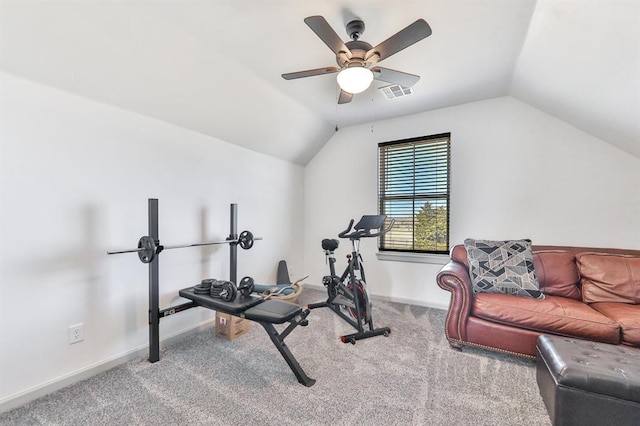 workout area with lofted ceiling, carpet flooring, visible vents, and baseboards