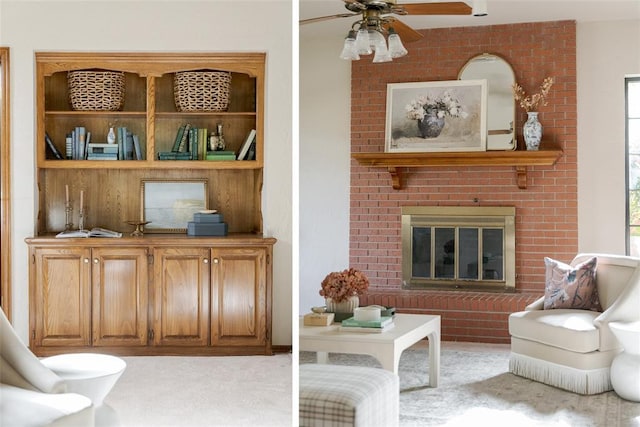 carpeted living room featuring a fireplace and a ceiling fan