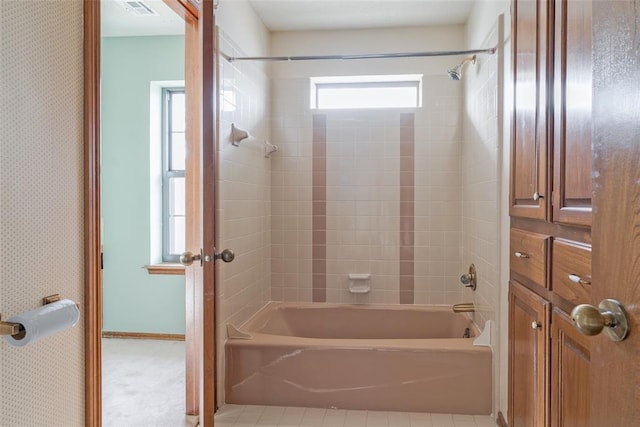 full bathroom with shower / tub combination, baseboards, wallpapered walls, and visible vents