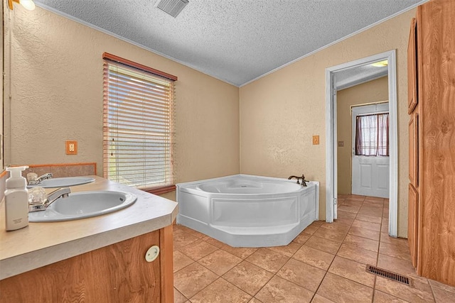 bathroom with a textured wall, a sink, and visible vents