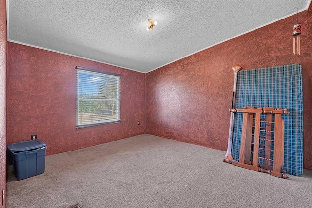 carpeted spare room with a textured ceiling and ornamental molding