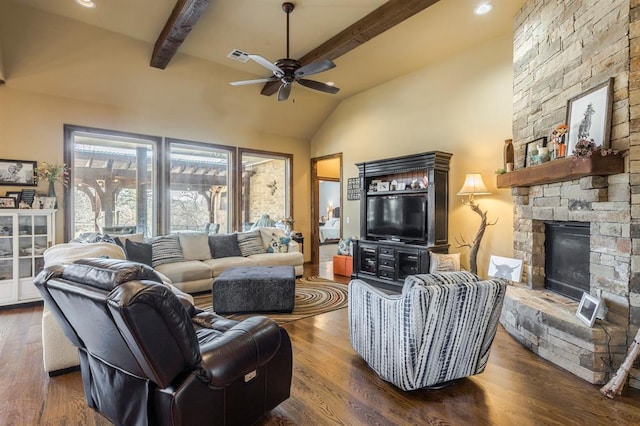 living area featuring high vaulted ceiling, a fireplace, wood finished floors, a ceiling fan, and beam ceiling