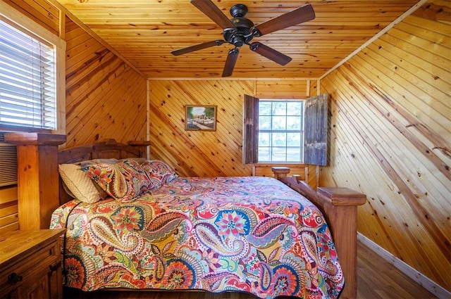 unfurnished bedroom featuring wooden ceiling, wooden walls, and wood finished floors