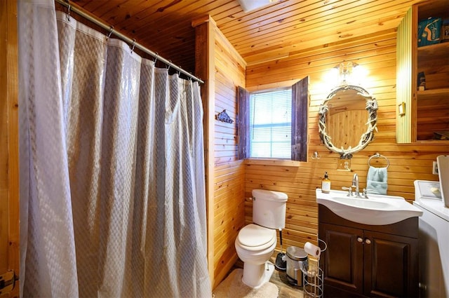 full bath featuring curtained shower, wooden ceiling, toilet, wooden walls, and vanity