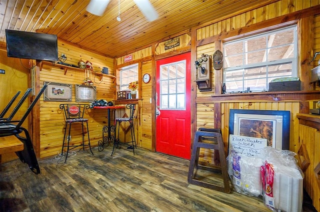 entryway featuring wooden ceiling, plenty of natural light, wooden walls, and wood finished floors