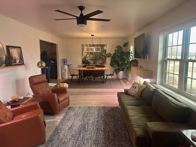 living area with ceiling fan and light wood finished floors