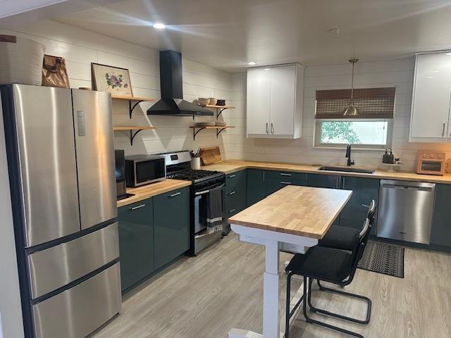 kitchen with open shelves, appliances with stainless steel finishes, light wood-style floors, a sink, and extractor fan