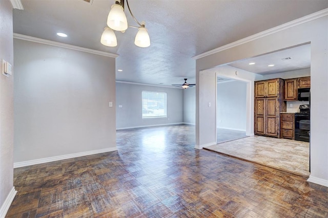 unfurnished living room with baseboards, wood finished floors, crown molding, and ceiling fan with notable chandelier