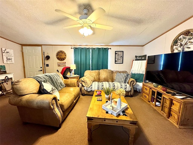 carpeted living room featuring vaulted ceiling, crown molding, a textured ceiling, and ceiling fan