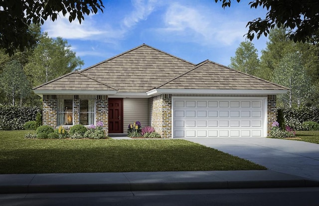 ranch-style home featuring driveway, an attached garage, roof with shingles, and a front yard