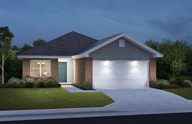 single story home featuring driveway, brick siding, a front lawn, and an attached garage