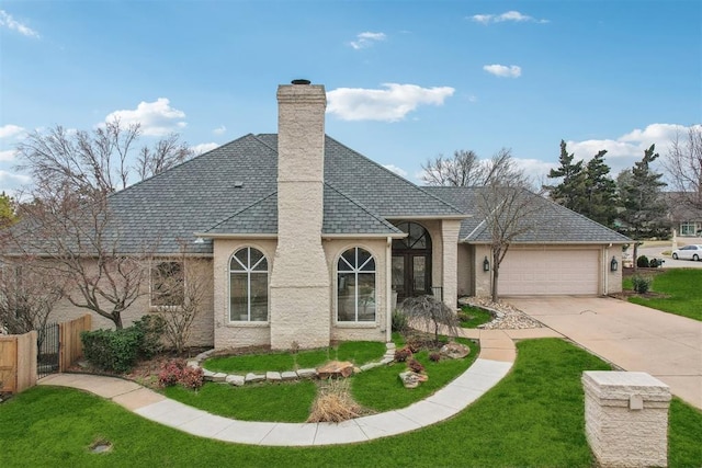 view of front facade featuring a chimney, a shingled roof, concrete driveway, an attached garage, and fence