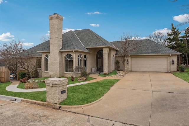 view of front facade with brick siding, roof with shingles, a chimney, an attached garage, and driveway