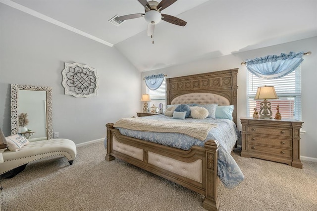 bedroom with baseboards, carpet floors, lofted ceiling, and ceiling fan