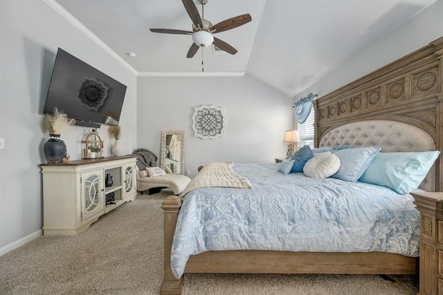 bedroom featuring lofted ceiling, carpet, crown molding, baseboards, and ceiling fan