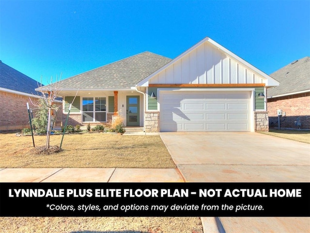 view of front of house featuring stone siding, board and batten siding, roof with shingles, concrete driveway, and an attached garage