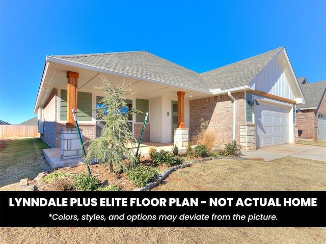 view of front of property with a porch, driveway, roof with shingles, an attached garage, and fence