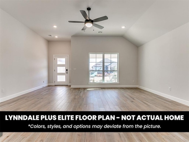 unfurnished living room with recessed lighting, a ceiling fan, visible vents, baseboards, and wood finished floors