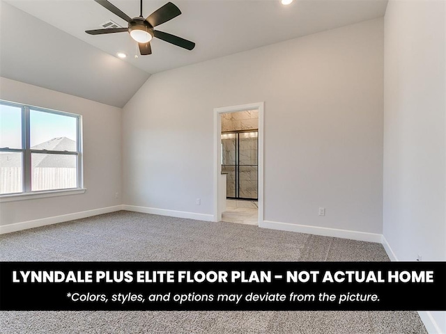 carpeted spare room with lofted ceiling, visible vents, baseboards, recessed lighting, and a ceiling fan