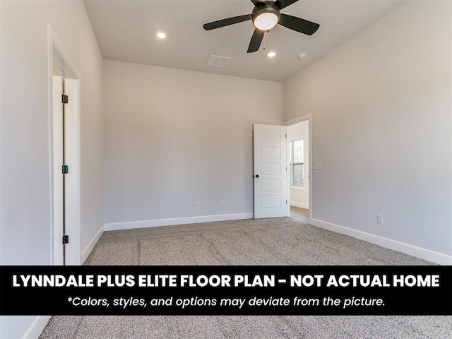 empty room with recessed lighting, carpet, baseboards, visible vents, and a ceiling fan