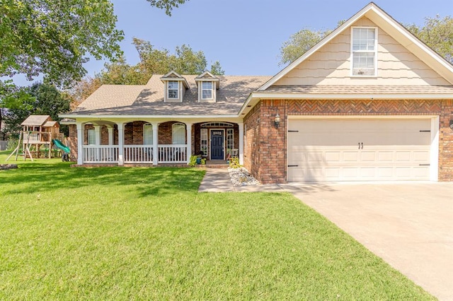 cape cod home featuring brick siding, a porch, a front yard, a garage, and driveway